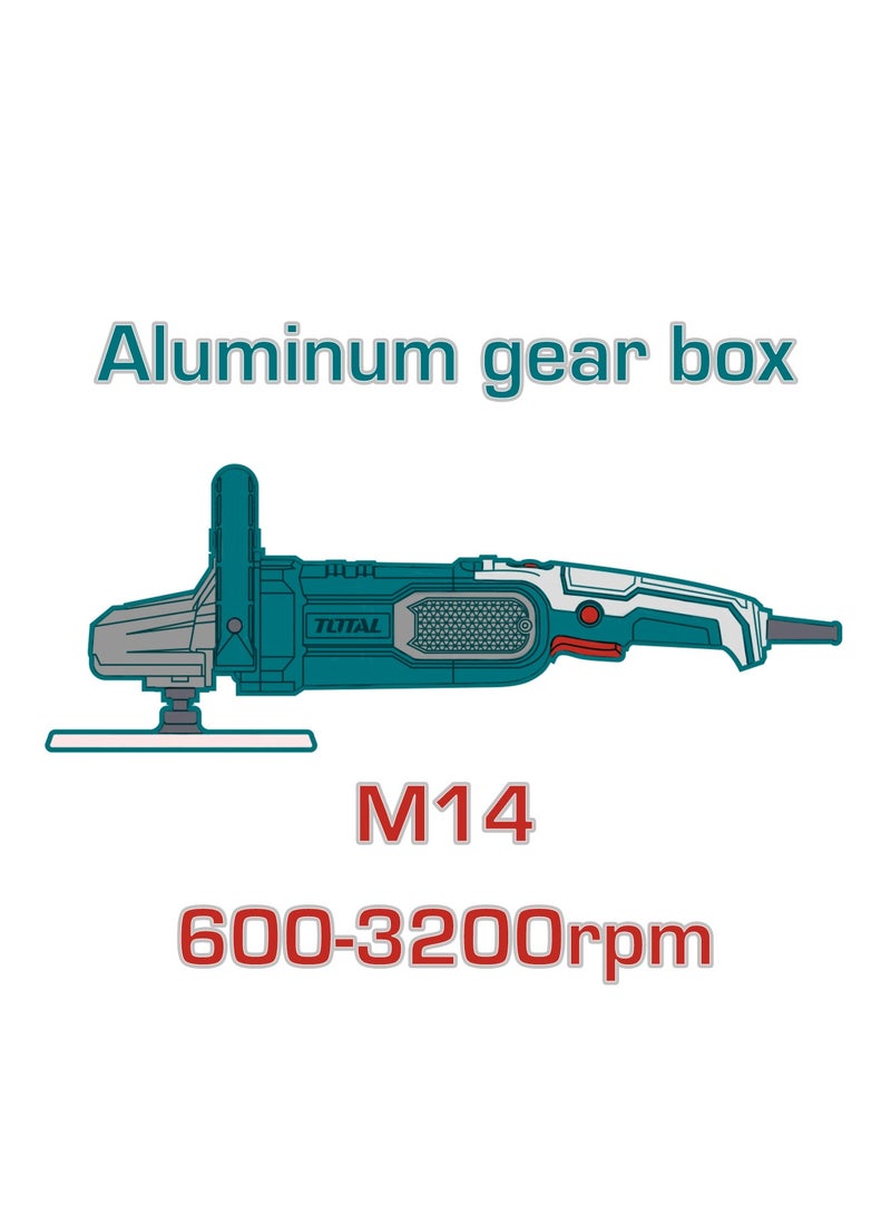 توتال جهاز تلميع سيارات كهربائي من توتال بقدرة ١٤٠٠ واط، بقطر ٧ بوصات (١٨٠ ملم)، مع سرعة متغيرة من ٦٠٠ إلى ٣٢٠٠ دورة في الدقيقة، ومحور دوران M14، وعلبة تروس من الألمنيوم، ويأتي مع قرص تلميع وغطاء تلميع - Image 2